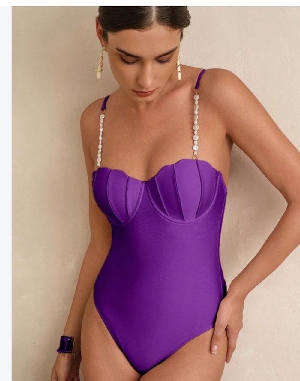 new shein purple scalloped seashell pearl one piece swimsuit sz med